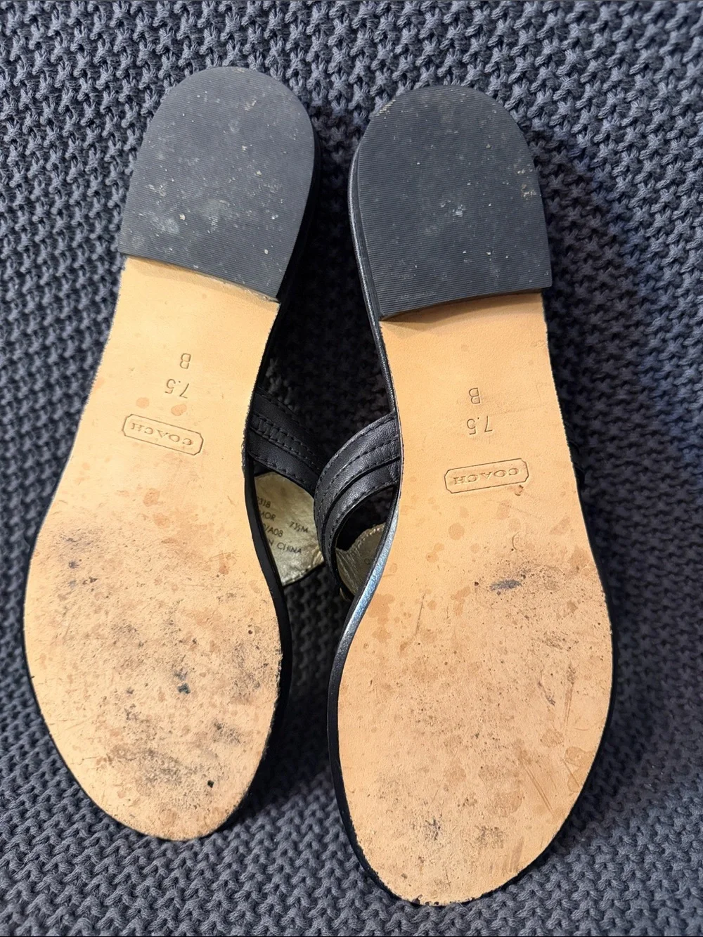 Coach Black Leather Thong Sandals with Gold Medallion